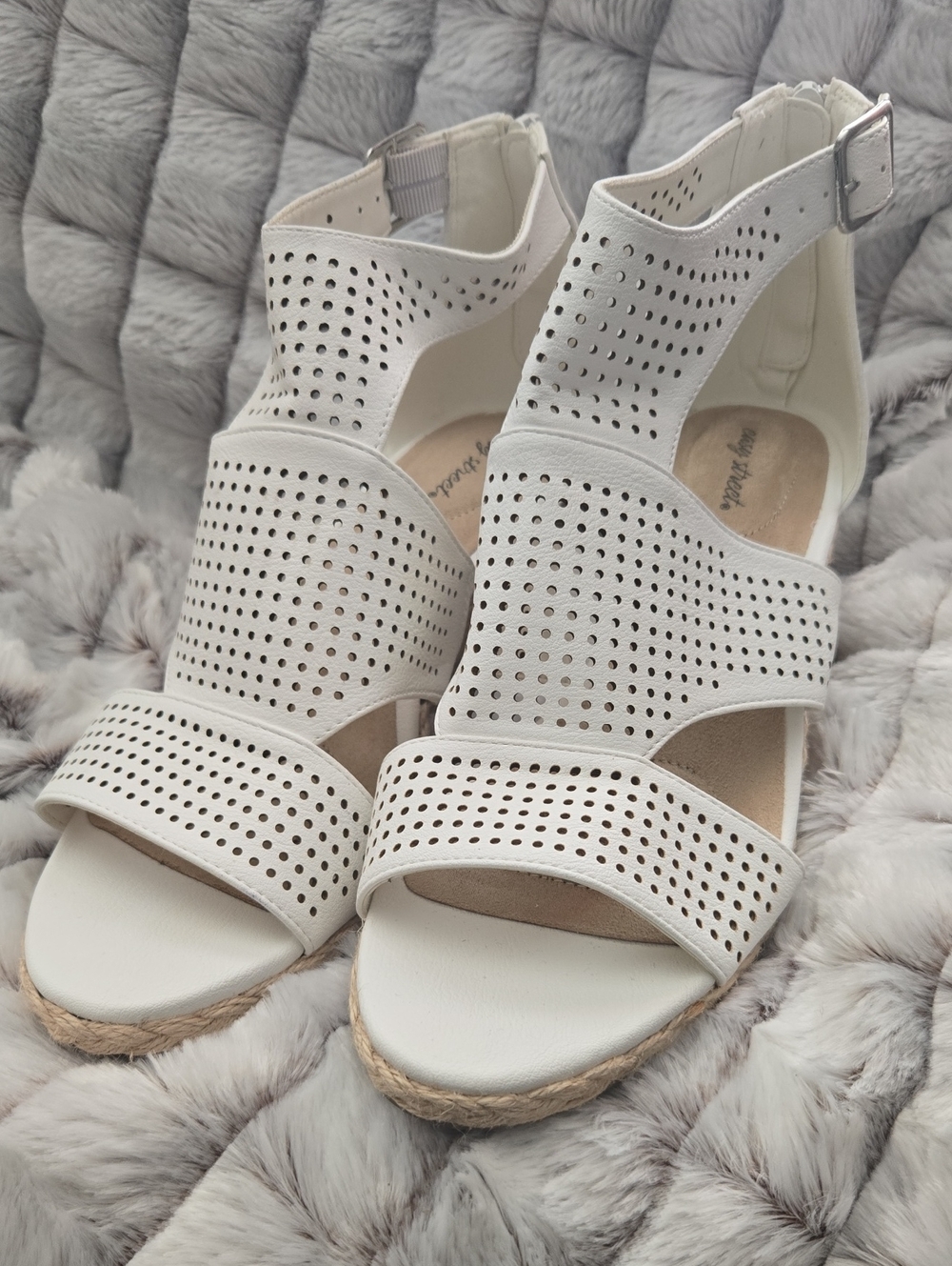 easy street White Perforated Espadrille Wedge Sandals with Ankle Strap